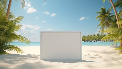 Billboard mockup on summer sand beach background. Framed copy space with palm trees, beautiful sea ocean landscape. Summertime holidays vacation. Luxury honeymoon trip beach resort. Tropical traveling