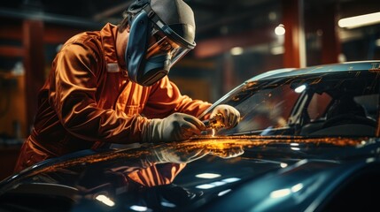 Fototapeta na wymiar automobile repairman painter in protective work wear