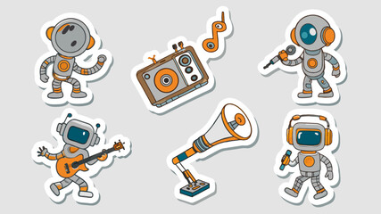 Set Of Stickers, Audio Technique Characters In Cartoon Retro Style. Dynamics, Tape And Recorder, Microphone, Player