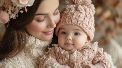 Fototapeta na wymiar Mother dressing newborn baby in cute outfit Generative AI