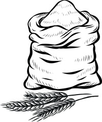 Flour sack and wheat ears line drawing vector illustration. - 724151921