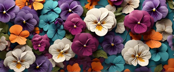 Bright floral pattern with the image of pansies . 3d flowers