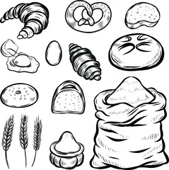 Flour sack and baked goods line drawing vector collection. - 724151991