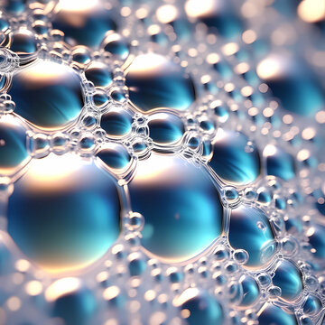 blue background with bubbles, macro air bubbles on blue background, vertical surface made of bubbles with blurred background, glowing air bubbles