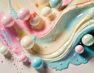Pastel background with soft flowing creamy fluid waves and colourful pearl balls.