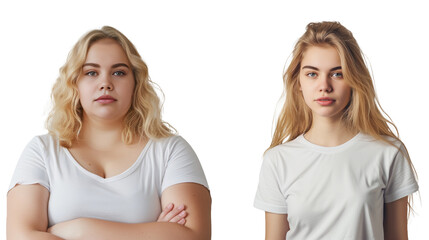A collage featuring a woman's appearance before and after weight loss against a white background - obrazy, fototapety, plakaty