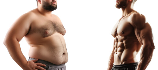 Fat and slim man, before and after Weight loss concept - obrazy, fototapety, plakaty