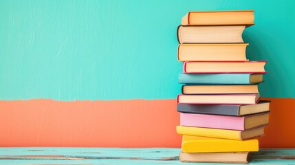Stack of Books on Color Block Background