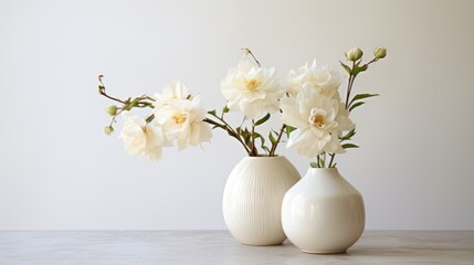 White Roses in Ceramic Vases on Marble