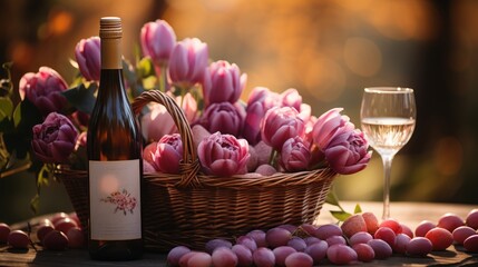 Basket with Easter eggs, cake, bottle of wine and tulip flowers on lilac background - obrazy, fototapety, plakaty
