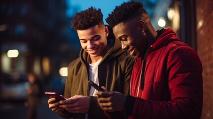 Close-up of young guys looking at a smartphone together, exchanging phone numbers on an evening street.