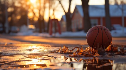Basketball hoop awaits the thaw, game on hold. - obrazy, fototapety, plakaty