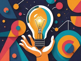 Hand holding a glowing light bulb against a colorful, abstract background filled with geometric shapes and lines. Generative AI.