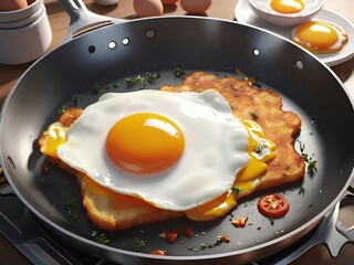 A perfectly cooked sunny-side-up egg on a golden hash brown in a frying pan, garnished with herbs and a slice of tomato, ready to be served for breakfast.