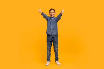 Fototapeta na wymiar Cheerful Teen Boy Showing Thumbs Up At Camera With Two Hands