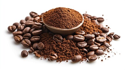 Naklejka premium Heap of ground coffee and beans as a background closeup, coffee background, coffee and beans as a background, coffee powder background, coffee banner, coffee ads, coffee powder