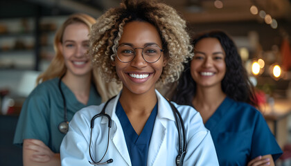 Celebrating International Women's Day with diversity, equity, and inclusivity in the workplace, featuring a group of multiracial female nurses. - obrazy, fototapety, plakaty