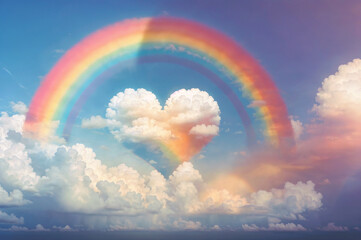 A heart-shaped cloud is seen in front of a rainbow, both of which are set against a blue sky with some white clouds. ai generative