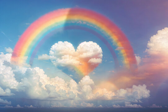 A heart-shaped cloud is seen in front of a rainbow, both of which are set against a blue sky with some white clouds. ai generative