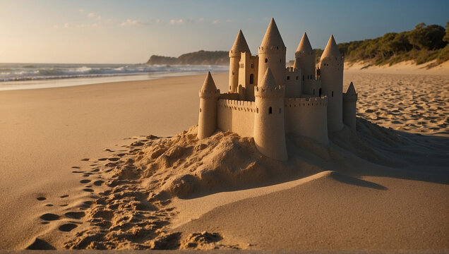 sandcastle on the beach. golden hour moment at the beach