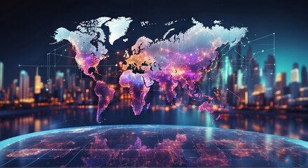 holographic world map with blurred cityscape background