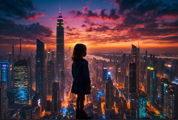 Obraz premium girl looking at the city at night silhouette. girl silhouette on cityscape background