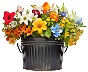 A vibrant arrangement of various colorful flowers overflowing from a rustic metal bucket, isolated on transparent background.
