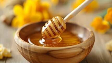 honey with a honey stick in the wooden bowl closeup, honey banner, honey background, honey ads, honey, healthy food concept, honey stick, and wooden bowl closeup, honey bowl closeup