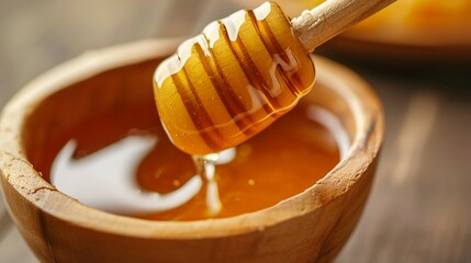 honey with a honey stick in the wooden bowl closeup, honey banner, honey background, honey ads, honey, healthy food concept, honey stick, and wooden bowl closeup, honey bowl closeup - obrazy, fototapety, plakaty