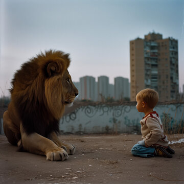Lion with a little boy
