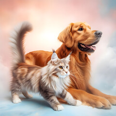 A Golden Retriever and a Maine Coon cat playing together on a pastel background with a fog effect.