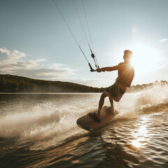 Wakeboarder surfing across a lake