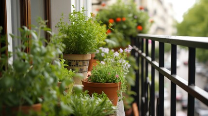 Fototapeta na wymiar Urban balcony garden with a variety of potted plants and flowers overlooking the street