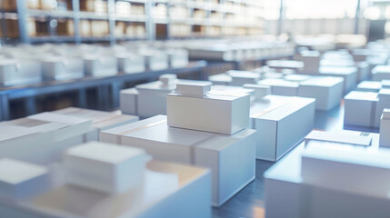 An array of sleek and modern shipping boxes neatly stacked in a bustling distribution center, their uniform design and crisp edges a testament to efficiency and precision in the wo