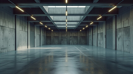 Minimalistic Industrial Style Empty Warehouse Interior - Spacious Concrete Room with Atmospheric Lighting for Film Set or 3D Rendering Background