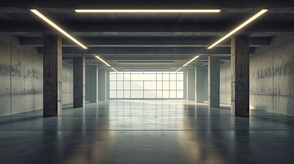 Minimalistic Industrial Style Empty Warehouse Interior - Spacious Concrete Room with Atmospheric Lighting for Film Set or 3D Rendering Background