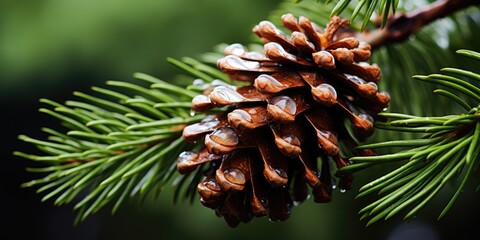 Fir branches with cones, background concept. Pine cones texture. Generative AI - obrazy, fototapety, plakaty