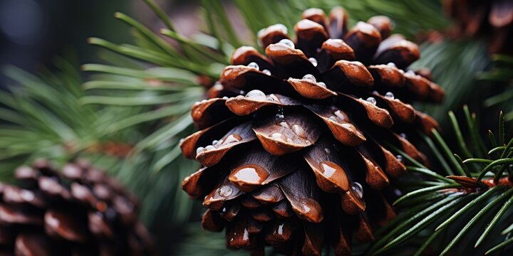 Fir branches with cones, background concept. Pine cones texture. Generative AI