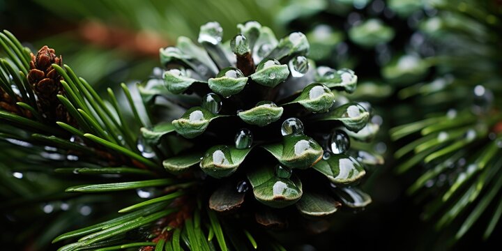 Fir or pine branch with cones close-up with raindrops. Generative AI