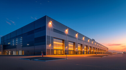 Modern Industrial Warehouse Complex at Twilight - Logistics Center with Illuminated Facade Against Dramatic Skyline and Cityscape Background