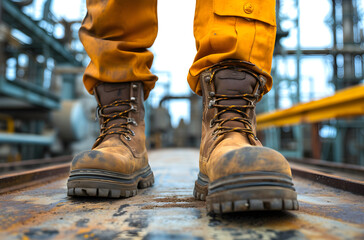 Factory worker wearing safety boots and hard hat working on site on a sunny day