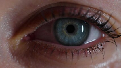 A woman opens her eye, pupil and iris in extreme close-up. Extreme macro shot capturing the intricate details of a human rights and eyelashes. The pupil dilates and narrows from the amount of incoming