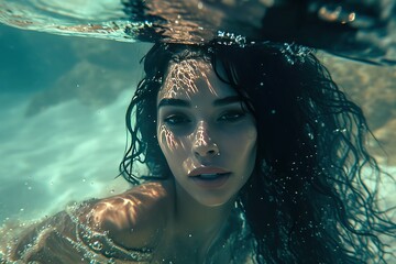 movie still, hot mermaid, with very long black hair, fantasy mermaid [fantasy underwater], depth of field, synthetism, hip hop aesthetics ::3 stunning brunette mermaid