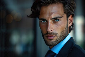 picture image of attractive confident young businessman guy hot model appearance seriously looking camera