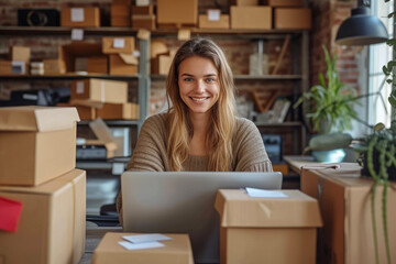 A young beautiful woman packing packages for dispatch - obrazy, fototapety, plakaty