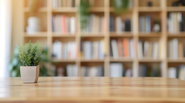 Potted plant on wooden table with bookshelf background, tranquil study space concept