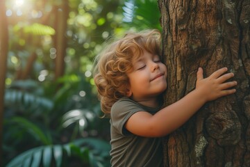 A little boy hugging a tree in the heart of a lush forest, conveying Earth Day and environmental...