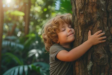 Keuken spatwand met foto A little boy hugging a tree in the heart of a lush forest, conveying Earth Day and environmental care. ecosystem and healthy environment concept, earth day, save the world.  © OHMAl2T