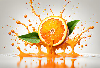 Falling and flying of splashes of orange juice and butter from slice of orange
