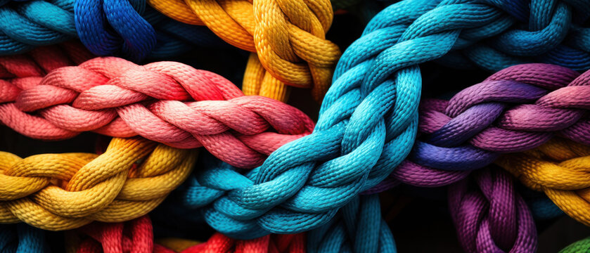 Team rope diverse strength connect partnership together teamwork unity communicate support. Strong diverse network rope team concept integrate braid color background cooperation empower power
